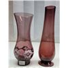 Image 1 : 2 Vintage Amethyst Glass Vases – 1 Leaf Engraved 9.5 inch, 1 – Hand Painted 8.5 inch – Glows Yellow