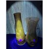 Image 2 : 2 Vintage Amethyst Glass Vases – 1 Leaf Engraved 9.5 inch, 1 – Hand Painted 8.5 inch – Glows Yellow