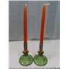 2 Green Depression glass candle holders + 2 taper candle sticks