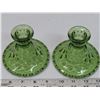 Image 2 : 2 Green Depression glass candle holders + 2 taper candle sticks