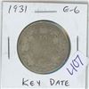 Image 1 : 1931 Canadian Silver 50 Cents. Key Date. Mintage of 57,581. G-6.