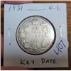 Image 3 : 1931 Canadian Silver 50 Cents. Key Date. Mintage of 57,581. G-6.
