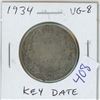 Image 1 : 1934 Canadian Silver 50 Cents. Key Date. Mintage of 39,539. VG-8.