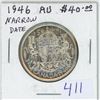 Image 1 : 1946 Narrow Date Canadian Silver 50 Cents. AU-50. Nice.