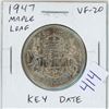 Image 1 : 1947 Maple Leaf Canadian Silver 50 Cents. Key Date. Mintage of 38,433. VF-20.