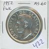 422  1952 Full Water Lines Canadian Silver Dollar. Last Silver Dollar minted for King George VI. MS60. N