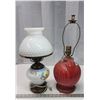 Image 1 : 2 Lamps - 1 red glass, without shade & white and blue floral lamp, with milk glass shade