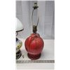 Image 5 : 2 Lamps - 1 red glass, without shade & white and blue floral lamp, with milk glass shade
