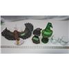 Image 1 : Assorted Eagle Décor-Clear Mugs, Wood Statue, Green Decanter and Ceramic Wall Hanging (Some Damage)