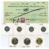 Image 1 : 1952 Canadian general contractors cheque, 1954-1956 Canadian 5 cents, 2 assorted Canadian toonies & 