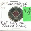 Image 1 : 25¢ RARE 2004 Remembrance Day Colored Poppy Dye Error