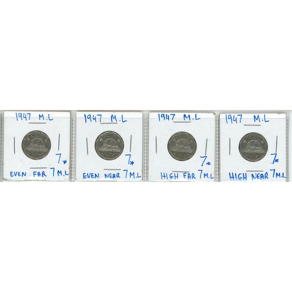 Lot of four 1947 5 cent nickels 5¢ - Even far 7, even near 7, high far 7, high near 7