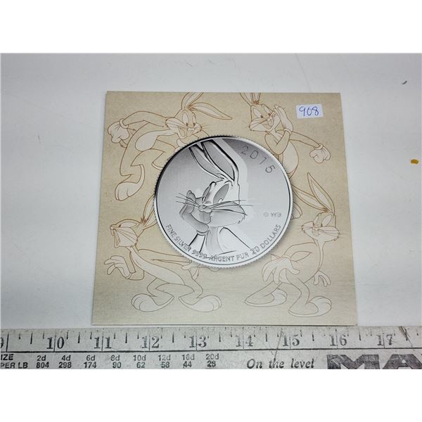 2015 Bugs Bunny $20. Specimen. Housed in a hard plastic holder in folder of issue. 99.99% pure Silve