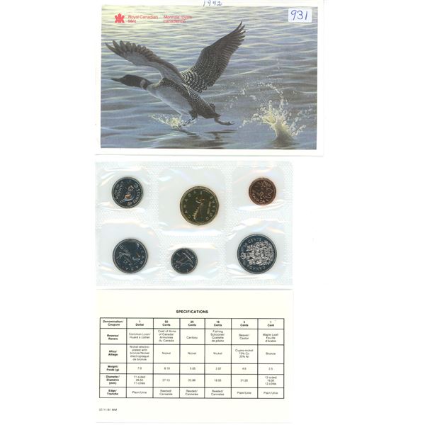 1992 Proof Like Set. 6-coin set. Caribou 25 Cents is Scarce.