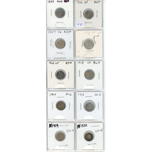 Lot of 10 Canadian Silver 5 Cents. Includes 1899, 1902, 1907, 1910 Pointed Holly Leaves, 1912, 1913,