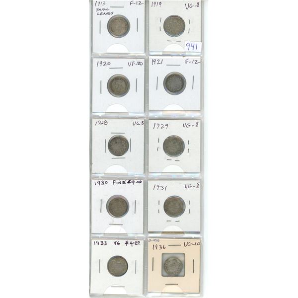 Lot of 10 Canadian George V Silver 10 Cents. Includes 1913 Small Leaves, 1919, 1920, 1921, 1928, 192