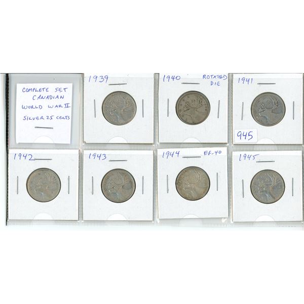 Complete Set of 7 Canadian World War II Silver 25 Cents dated 1939 to 1945. Coins grade F-12 to EF-4