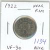 Image 1 : 1922 Canadian Near Rim Nickel 5 Cents. The first Canadian Nickel issued ,this one with the S Near th