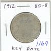 Image 1 : 1912 Canadian Silver 50 Cents. VG-8. Key Date. Mintage of 285,867.