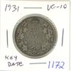 Image 1 : 1931 Canadian Silver 50 Cents. F-12. Key Date. Mintage of 57,581. Scarce.