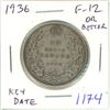 Image 1 : 1936 Canadian Silver 50 Cents. F-12 or better. Key Date. Mintage of 38,550. Scarce.