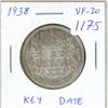Image 1 : 1938 Canadian Silver 50 Cents. VF-20. Key Date. Mintage of 192,018.