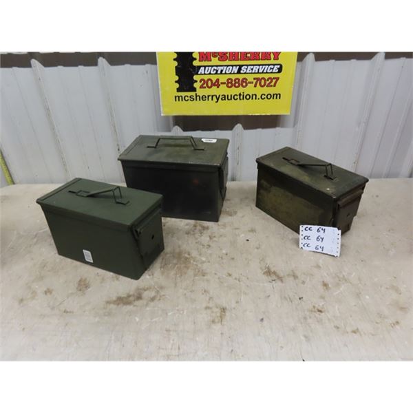 3 Metal Ammo Cases ; (2) 7.5" x 9" x 13" + (1) 6" x 7.5" x 12" 