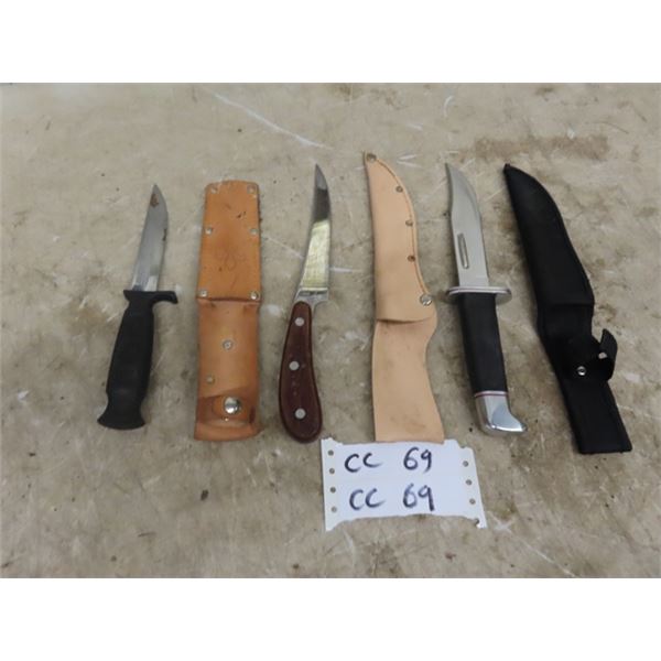 3 Hunting Knives with Holsters ; (2) 10" & (1) 9" 