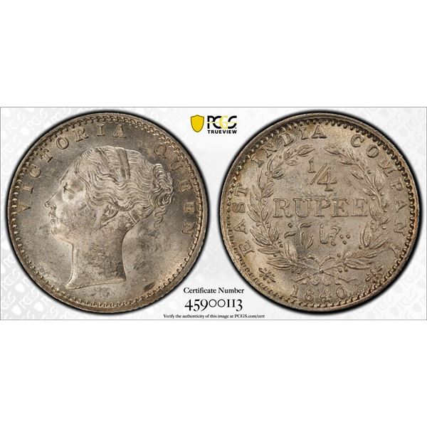 BRITISH INDIA: Victoria, Queen, 1837-1876, AR 1/4 rupee, 1840(c), PCGS MS62