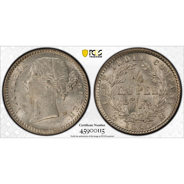 BRITISH INDIA: Victoria, Queen, 1837-1876, AR 1/4 rupee, 1840(b&c), PCGS MS63