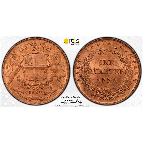 BRITISH INDIA: Victoria, Queen, 1837-1876, AE 1/4 anna, 1858(h), PCGS MS65 RD