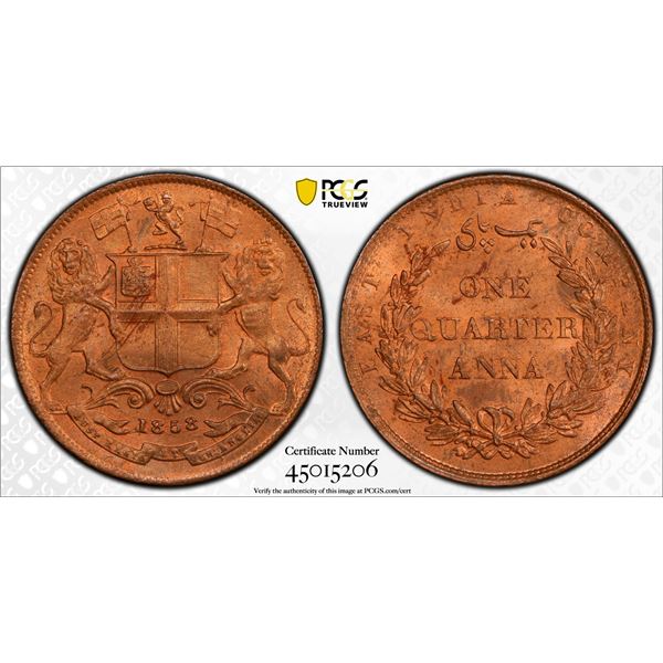BRITISH INDIA: Victoria, Queen, 1837-1876, AE 1/4 anna, 1858(h), PCGS MS64 RB