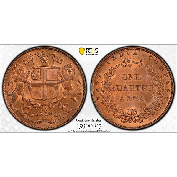 BRITISH INDIA: Victoria, Queen, 1837-1876, AE 1/4 anna, 1858(h), PCGS MS64 RB