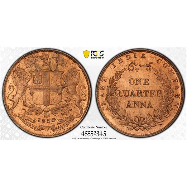 BRITISH INDIA: Victoria, Queen, 1837-1876, AE 1/4 anna, 1858(h), PCGS MS64 RD