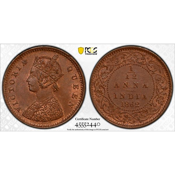 BRITISH INDIA: Victoria, Queen, 1837-1876, AE 1/12 anna, 1862(c), PCGS MS64 BN