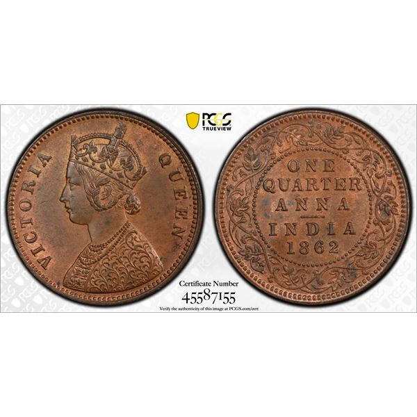 BRITISH INDIA: Victoria, Queen, 1837-1876, AE 1/4 anna, 1862(c), PCGS MS63 BN