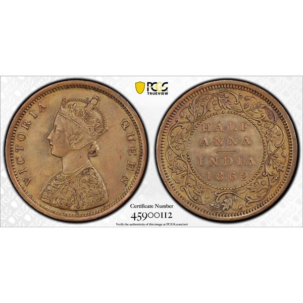 BRITISH INDIA: Victoria, Queen, 1837-1876, AE 1/2 anna, 1862(c), PCGS AU58