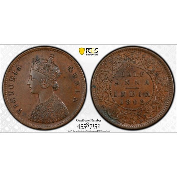 BRITISH INDIA: Victoria, Queen, 1837-1876, AE 1/2 anna, 1862(c), PCGS AU55