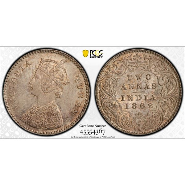 BRITISH INDIA: Victoria, Queen, 1837-1876, AR 2 annas, 1862(c), PCGS MS63