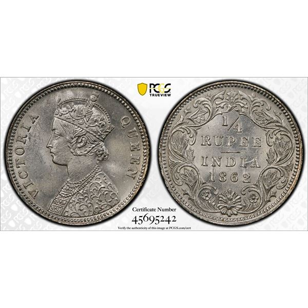 BRITISH INDIA: Victoria, Queen, 1837-1876, AR 1/4 rupee, 1862(c), PCGS MS64