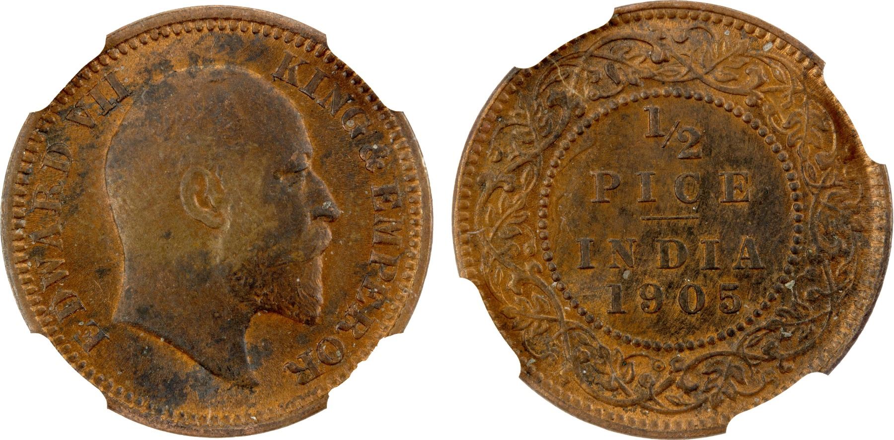 BRITISH INDIA Edward VII 1901 1910 AE 1 2 Pice 1905 c NGC MS62 RB british-india-edward-vii-1901-1910-ae-1-2-pice-1905-c-ngc-ms62-rb