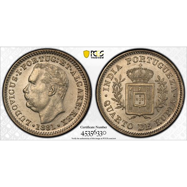 PORTUGUESE INDIA: Luíz I, 1861-1889, AR 1/4 rupia, 1881, PCGS MS62