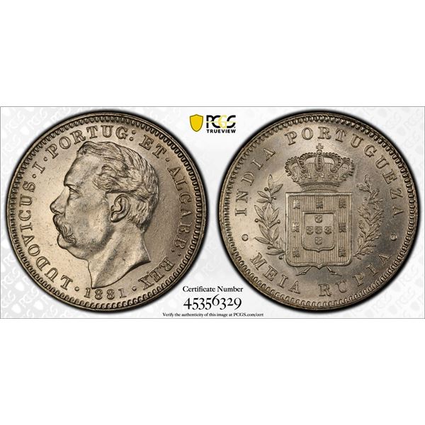 PORTUGUESE INDIA: Luíz I, 1861-1889, AR 1/2 rupia, 1881, PCGS MS63