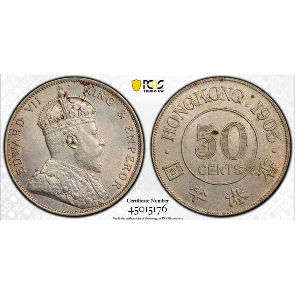 HONG KONG: Edward VII, 1901-1910, AR 50 cents, 1905, PCGS AU details