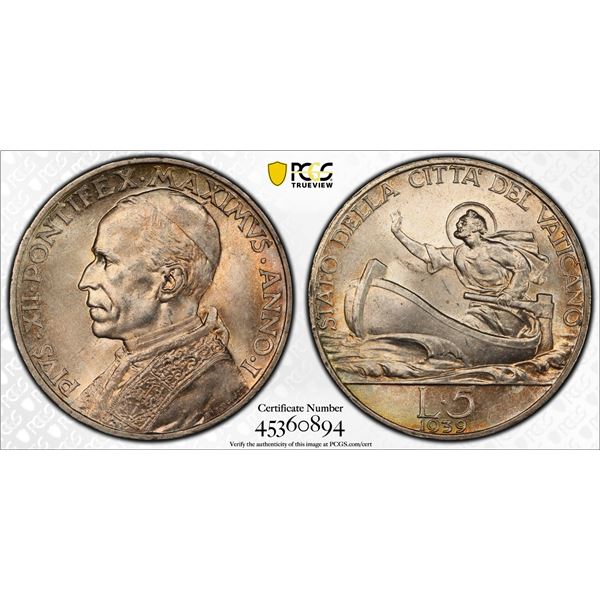 VATICAN: Pius XII, 1939-1958, AR 5 lire, 1939 year I, PCGS MS65
