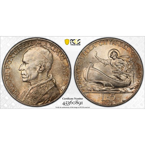 VATICAN: Pius XII, 1939-1958, AR 5 lire, 1939 year I, PCGS MS64
