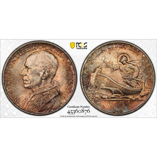 VATICAN: Pius XII, 1939-1958, AR 5 lire, 1940 year II, PCGS MS66
