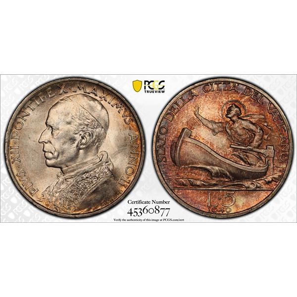 VATICAN: Pius XII, 1939-1958, AR 5 lire, 1940 year II, PCGS MS66