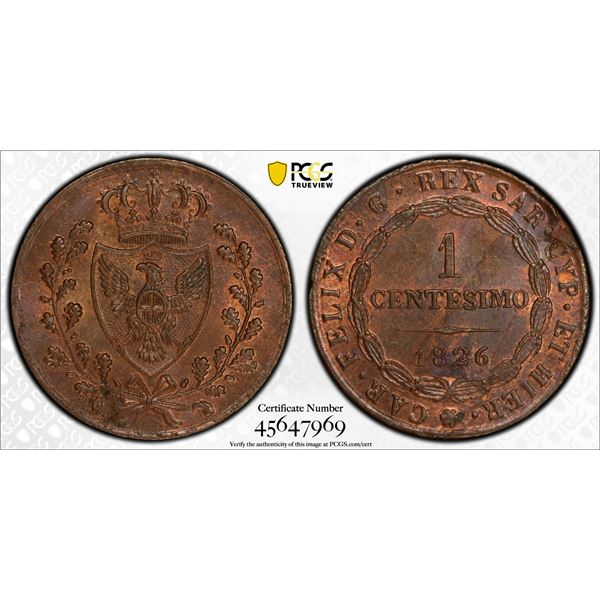 SARDINIA: Carlo Felice, 1821-1831, AE centesimo, 1826, PCGS MS64 BN