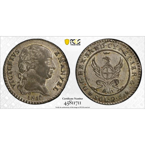 SAVOY: Vittorio Emanuele I, 1802-1821, BI 2 soldi 6 denar, 1815, PCGS AU58